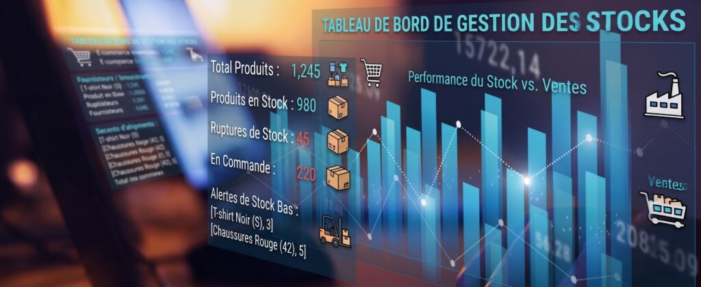 Tableau de bord digital de gestion des stocks e-commerce avec graphique à barres bleues et alertes de stock bas.
